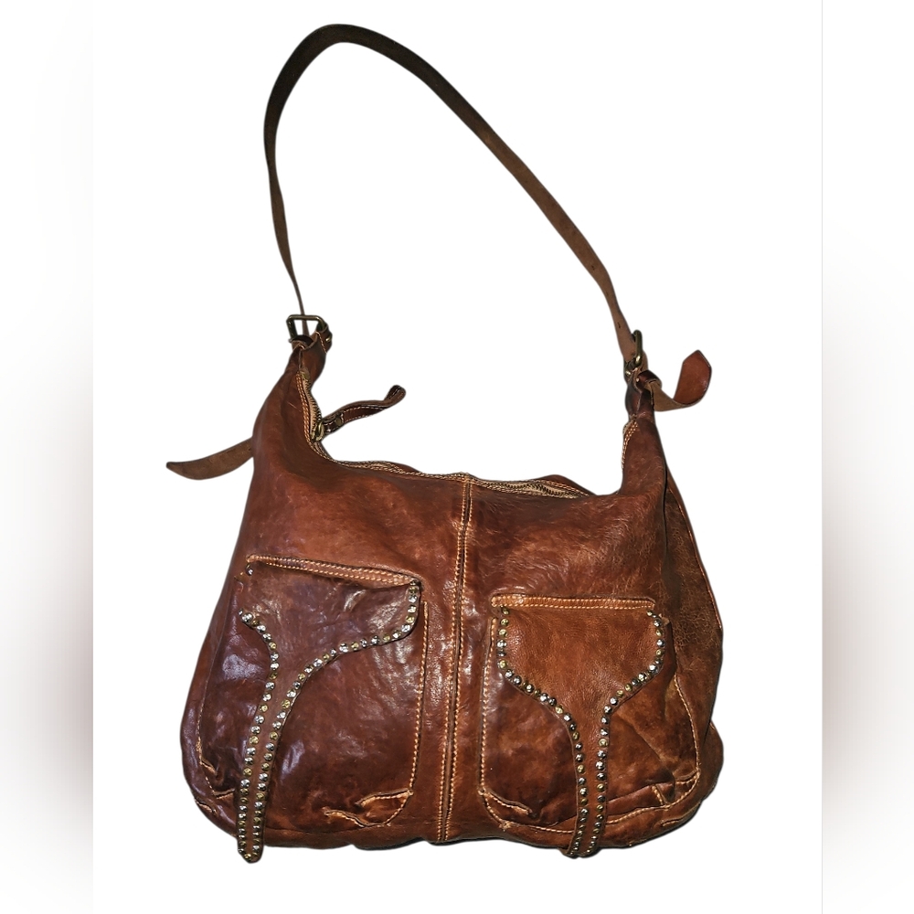 Campomaggi Large Brown Leather Satchel/Shoulder Bag With Studded Pockets